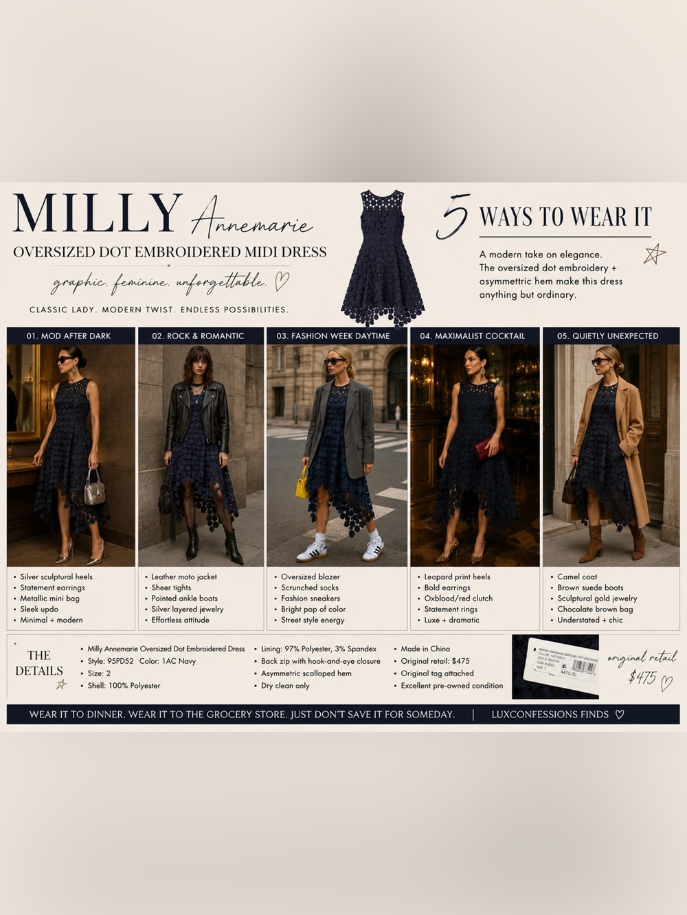 MILLY Annemarie Oversized Dot Embroidered Midi Dress — Navy | Size 2 — NWT